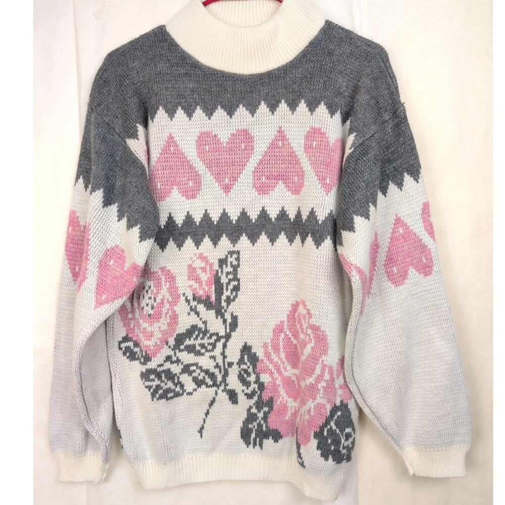 Vintage Objectivity floral heart intarsia mock neck sweater Size L Grannycore